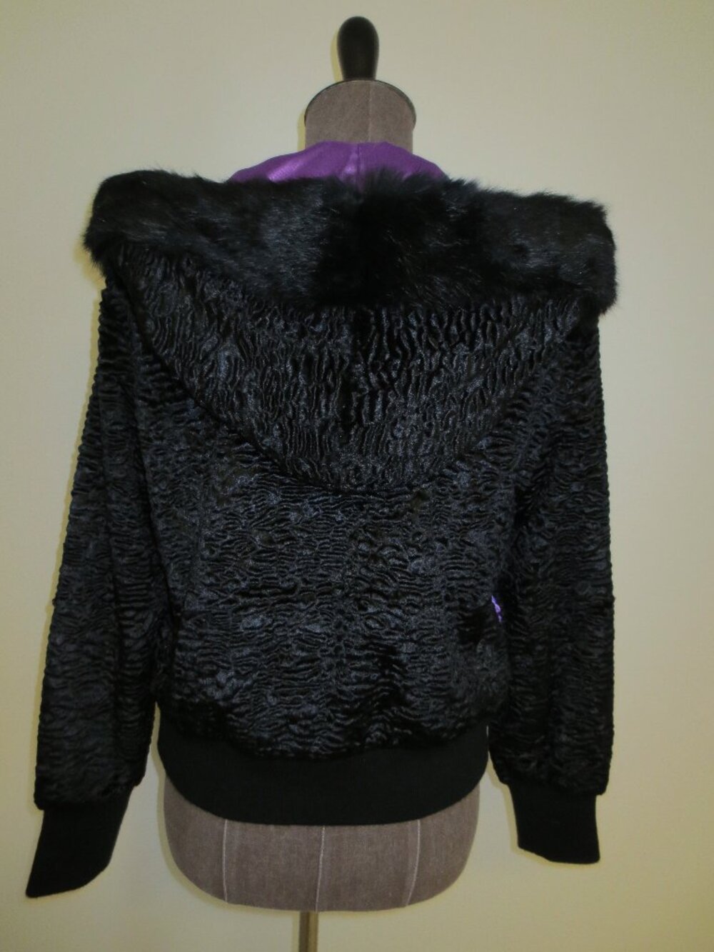 PowWow Vintage Hooded Black Bomber Jacket with Rabbit Fur Trim - S